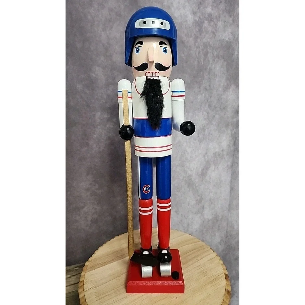 Hockey Player Nutcracker Puck Stick Red Blue White Wood Christmas 16